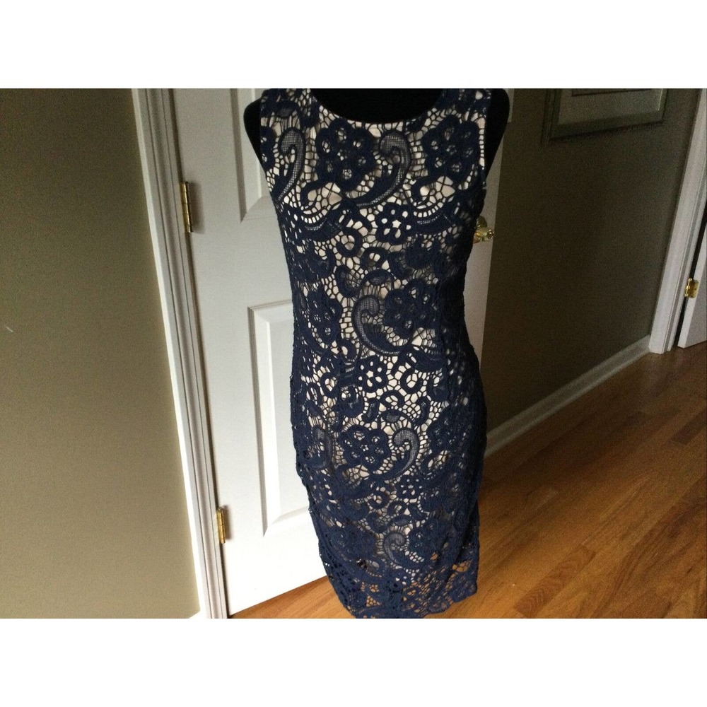 Moon Blue taupe Lined Dress Crochet Overlay Sleeveless Zip, shirred sides EUC S